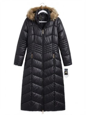 95-NWT-Gallery Black Long Quilted Puffer with Removable Faux-Fur Hood (S-XS)